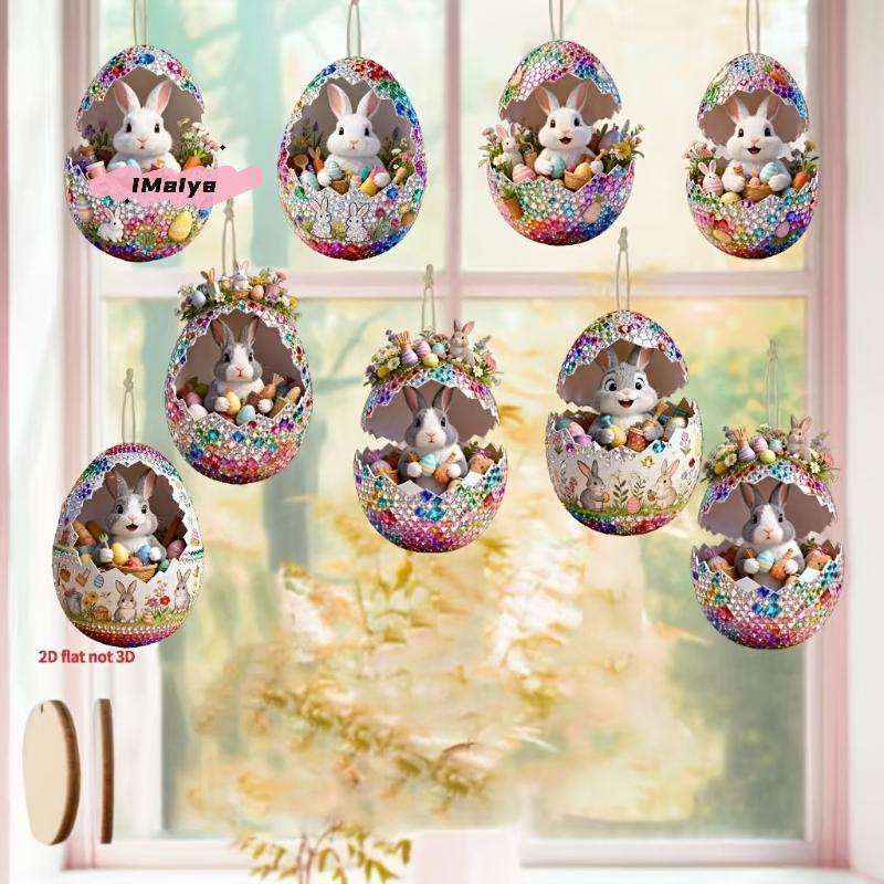 M-8Pcs Wooden Easter Egg Decorative Hanging Set 2D DIY Craft Easter Simulation Egg Decorative Artificial Egg Hanging Ornament