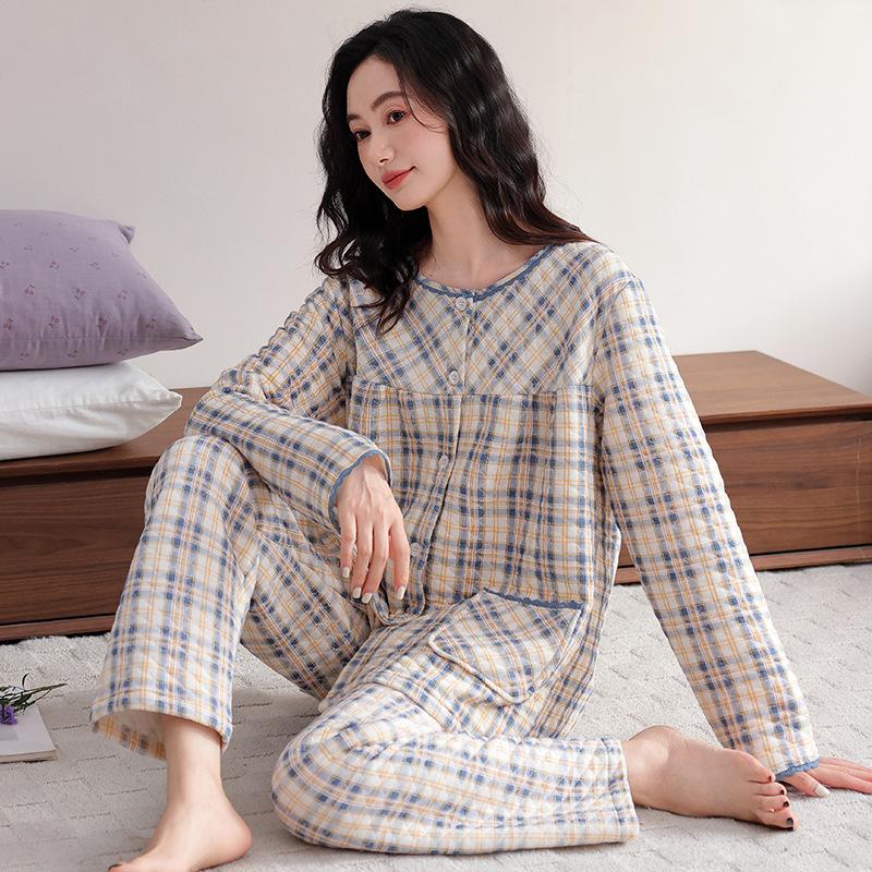 Air Cotton Pajamas Women'S Spring And Autumn Thickened Cotton Long-Sleeved Interlayer Loungewear Autumn And Winter Middle-Aged Mothers Can Wear