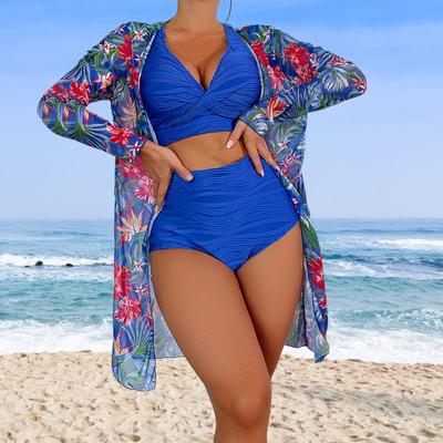 3 Pcs/Set Women Swimsuit Set Bra Panties Cover-up Set Low-cut Soft Quick Dry Colorful Floral Print