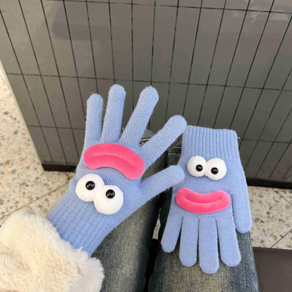Korean Version of Funny Knitted Gloves for Women In Winter Warm and Cute Cartoon Students with Fingerless Touch Screen Split Finger Woolen Gloves