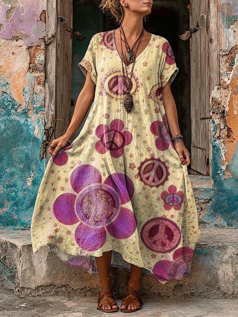 European and American women's blue retro ethnic style printing loose long dress polyester comfortable casual slim short sleeves