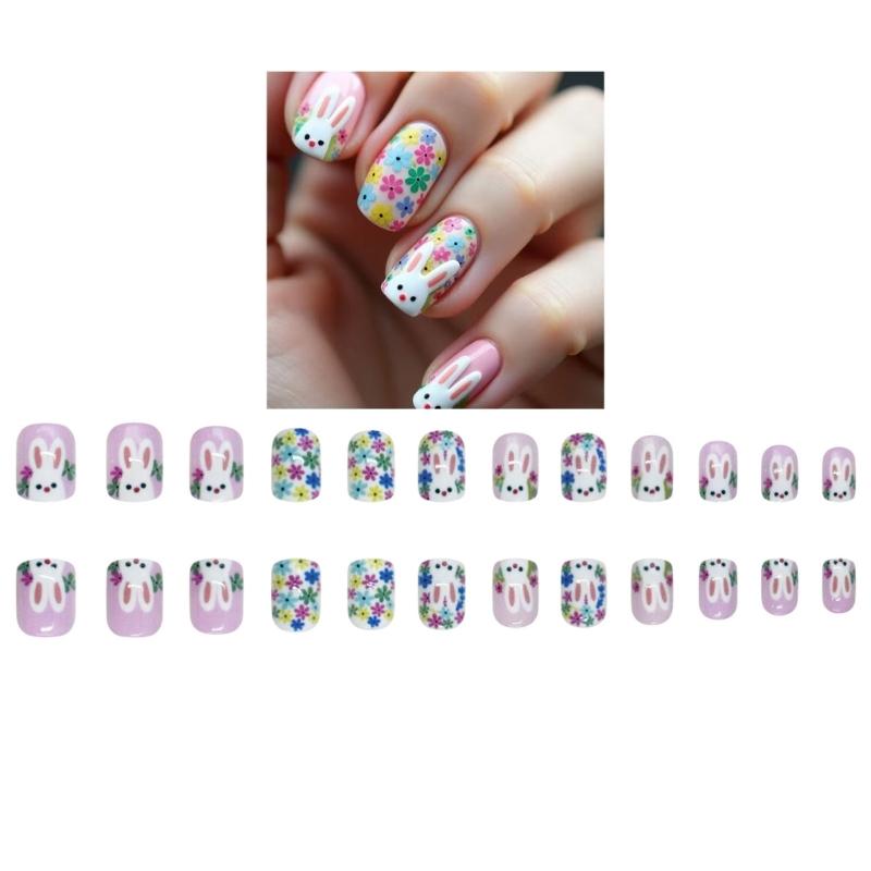 ABS Material Short Square Artificial Nail Featuring Rabbit Patterns And Floral Art For Festive Occasions