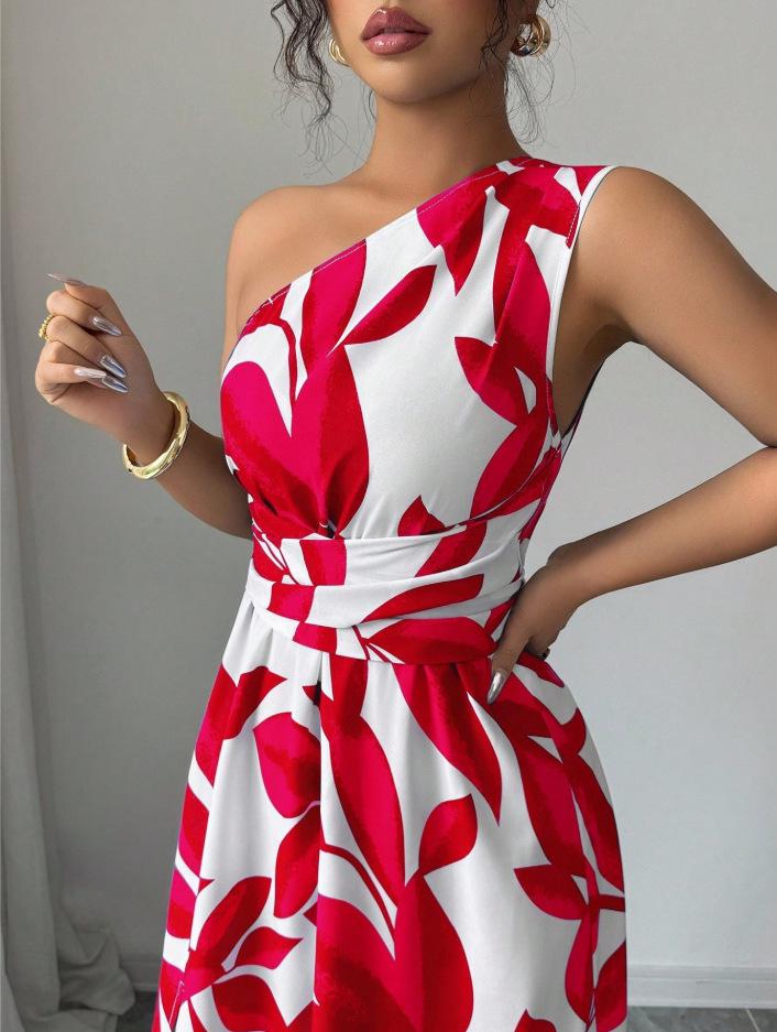 Elegant Tropical Print One-Shoulder Slit Dress - Perfect for Resort Style