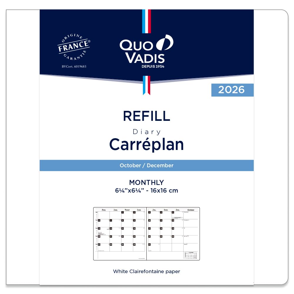 

Quo Vadis 2026 Edition Planner Diary Calendar Plan/Refill (Monthly Block, Starting October 2025, Square Size 16x16cm) QUOVADIS qv123rech-pe
