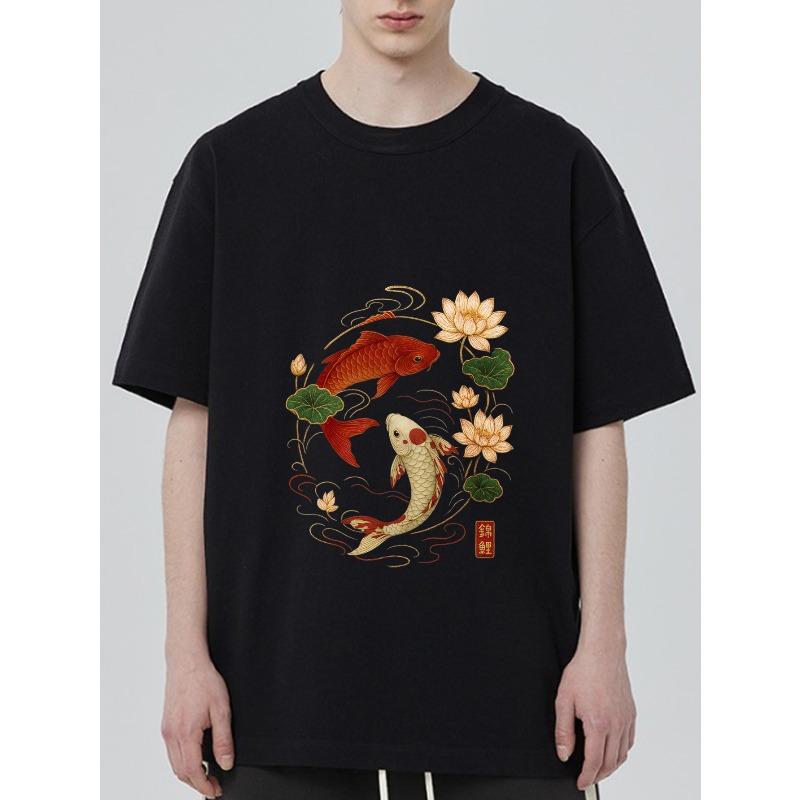 Koi Fish Lotus Flower Printed Black T Shirt for Men Casual Streetwear Summer Outfit with Chinese Calligraphy Design