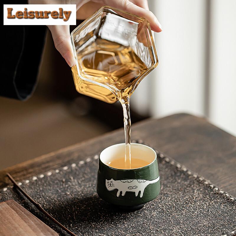 2pc/set Japanese Powder Yin Olive Green Teacup Handpainted Cat Jade Standing Cup Small Single Master Cup Mug Kung Fu Teaset 60ml
