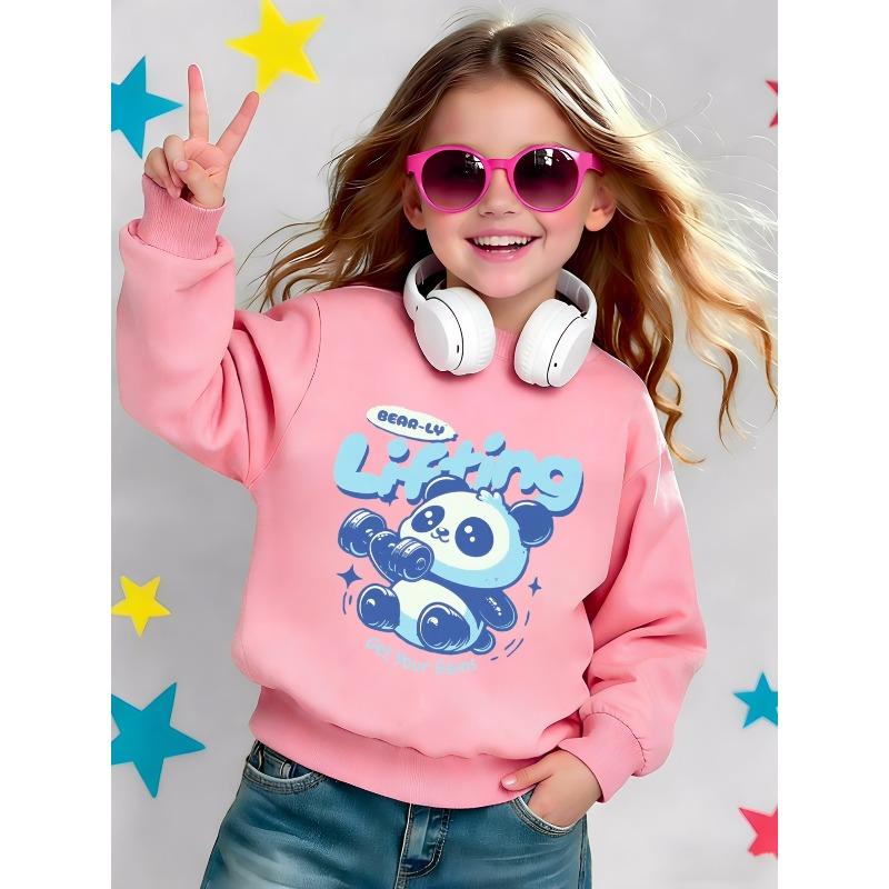 Cute Panda Print Pattern Girls' Spring Lightweight Crew Neck Sweatshirt, Comfortable Outdoor Wear Choice for Ages 0-3