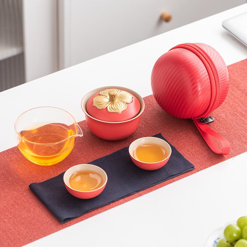 Persimmon Ruyi Travel Tea Set Forbidden City Red Express Cup Portable Storage Brewing Teapot Teacup One Pot Two Cups