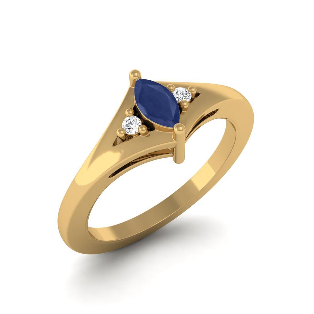0.19 Cts Marquise Blue Sapphire 925 Sterling Silver Gold Vermeil Three Stone Wedding Women Ring