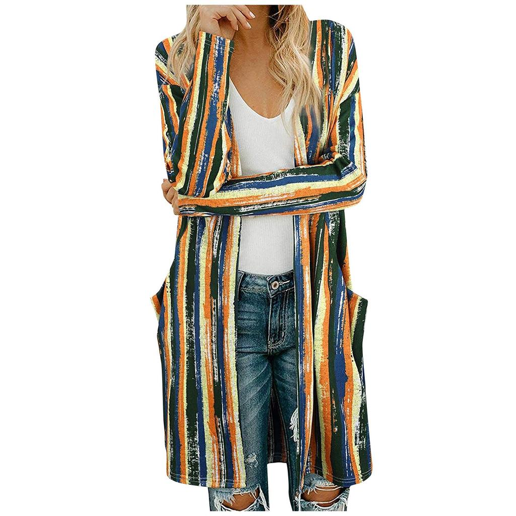 Women's Fashion Casual Printed Pocket Cardigan Medium And Long Coat