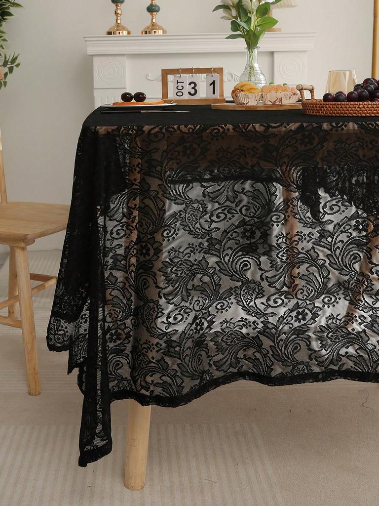 Schwarze französische Spitzentischdecke mit Phönixschwanzmuster zur Dekoration von Wohn- und Esstisch