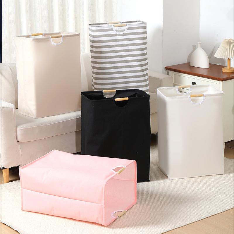 Foldable Laundry Basket with Wooden Handles - Waterproof, Large Capacity, for Toys and Clothes, Cotton and Linen Fabric