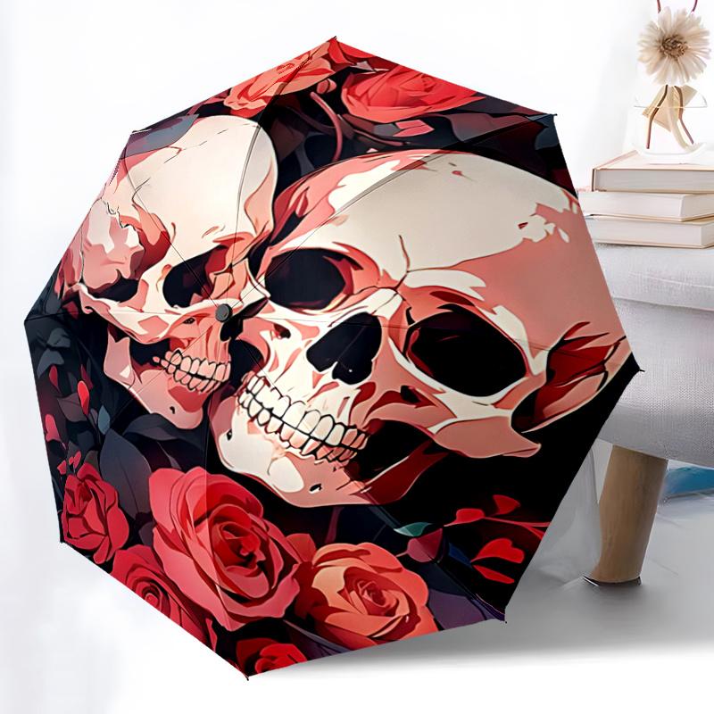 1pc Romantic Skulls & Roses Auto Open Close Umbrella, Portable Folding Design with Iron Frame for Outdoor Use, Perfect Gift for Fans, Travelers,