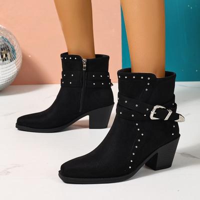 Studded Metal Buckle Block Heel Booties Fashion Pointed Toe Side Zipper Soft Sole Cotton Shoes