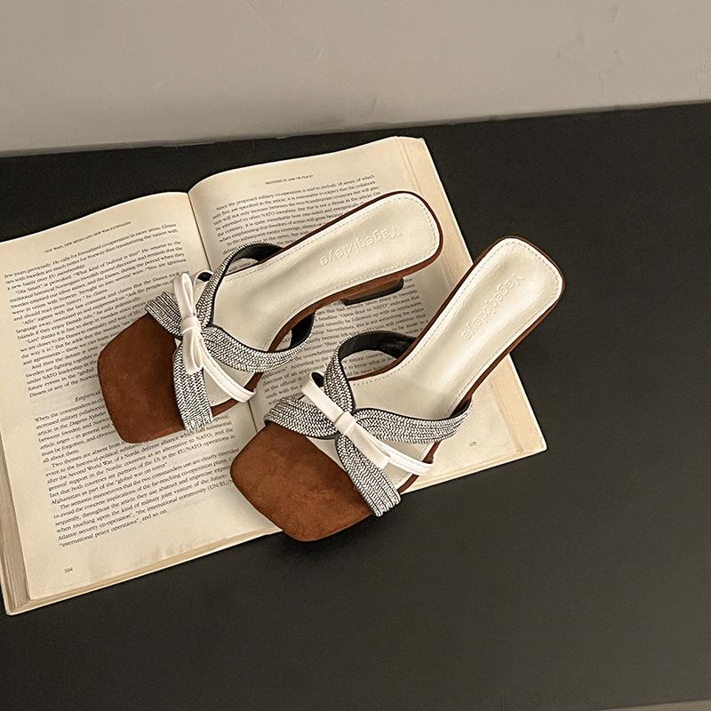 

Wear versatile one word 2025 new bow sandals high diamond women s shoes fashion drag summer heel 39