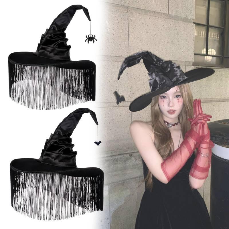 Black Pleated Halloween Fringe Hat Party Witch Face Cover Headdress Decorative