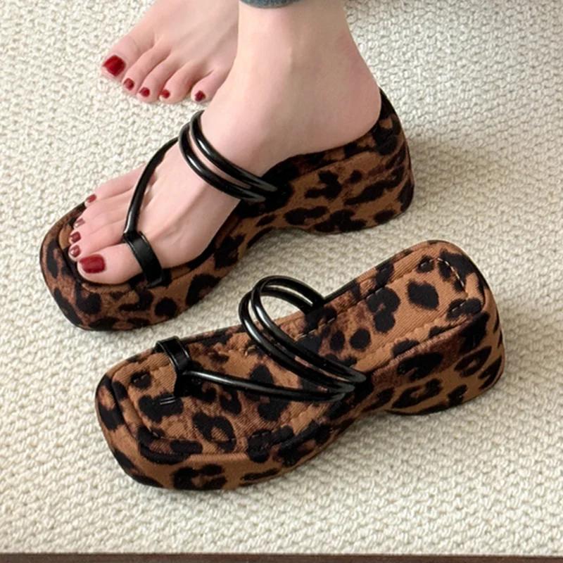 Fashion Leopard High Heels Women Slippers Platform Fashion Shoes Clip Toe Woman Sandals 2025 Summer Trend Designer Dress Mujer Zapatos