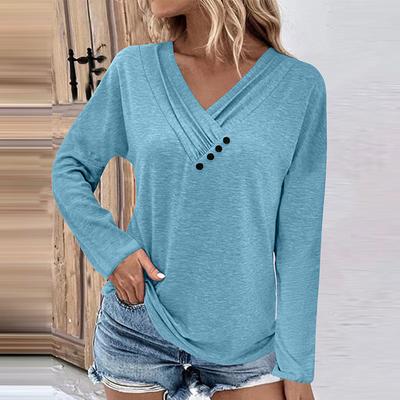 Women's  Tops Fashion Casual Solid Color Chest Panel Ruched Button V Neck Long Sleeve Ladies Long Top