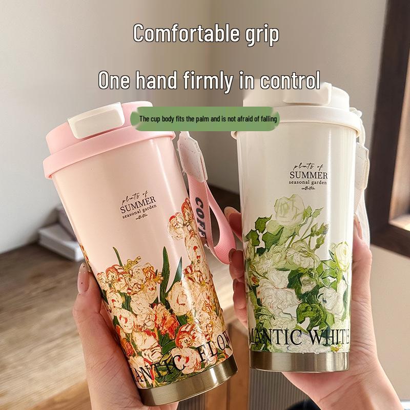 2025 316 Izolovaný hrnek na kávu pro ženy: Elegantní cestovní hrnek s dvojitou stěnou a designem konvalinek