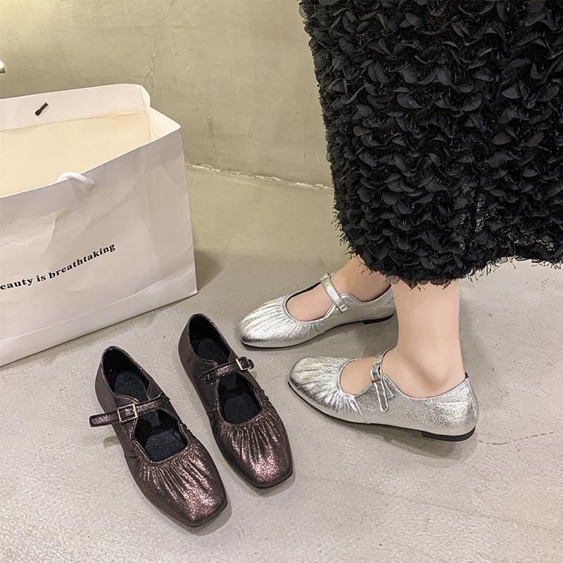 Leather Casual Flats Shoes for Women Spring 2025 Low Heels Shoes Buckle Straps Classic Office Daily Size