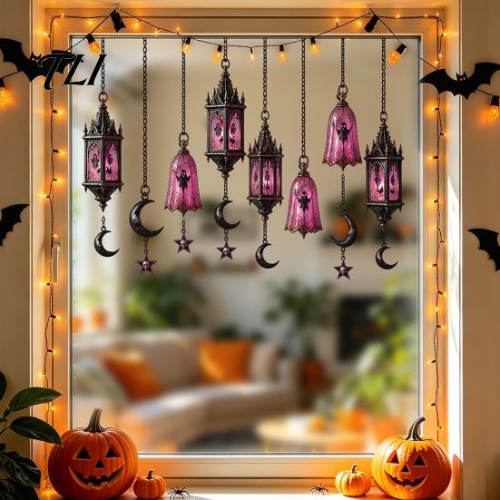 Easy To Apply Wall Stickers Spooky Halloween Window Static Sticker, Pumpkin Bat And Witch Patterns Self Adhesive Film Printed, Decorative