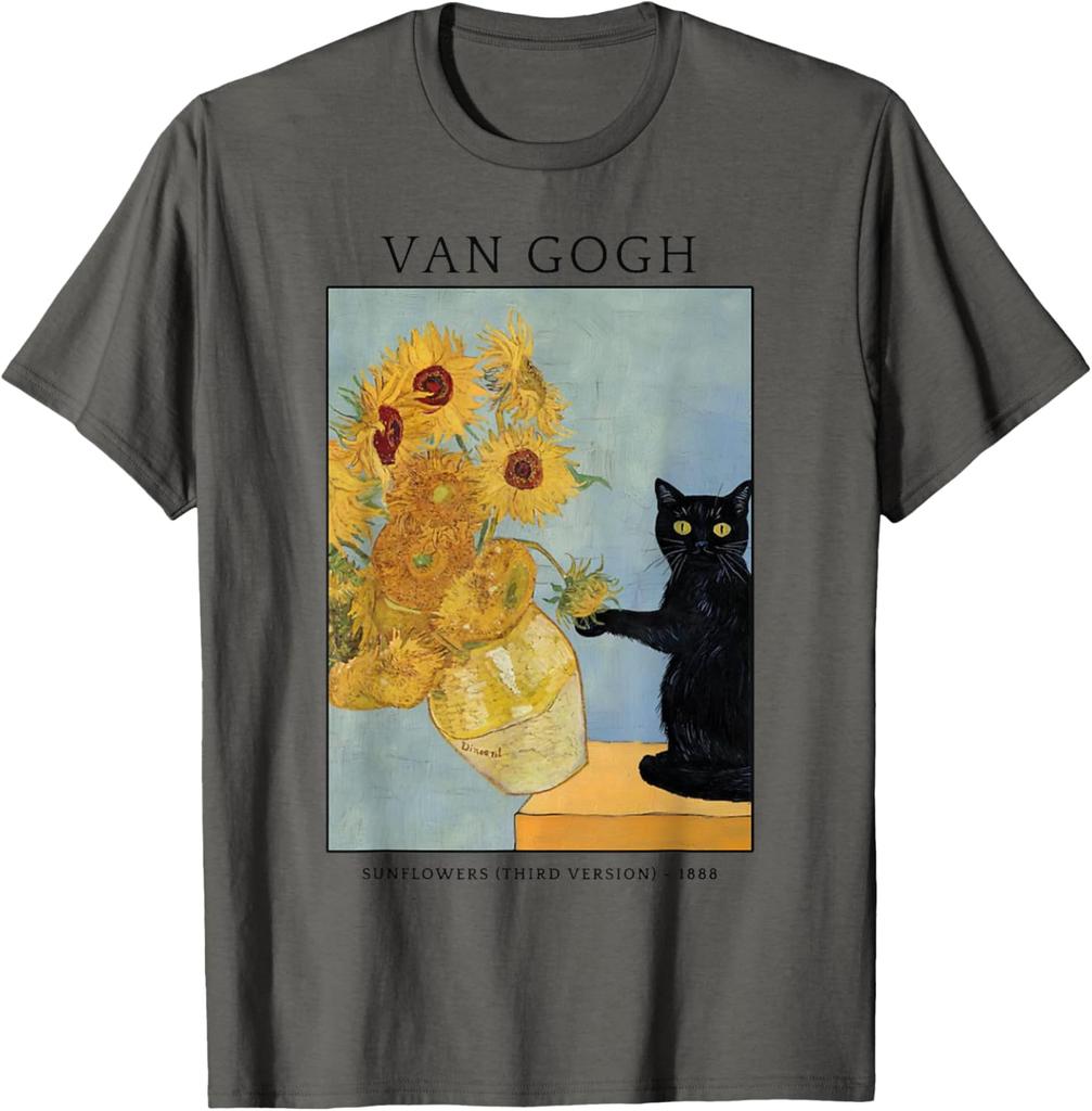 Černá kočka Van Gogh Slunečnice Umělecká parodie Grafické tričko Měkká bavlna Ležérní tričko s kulatým výstřihem