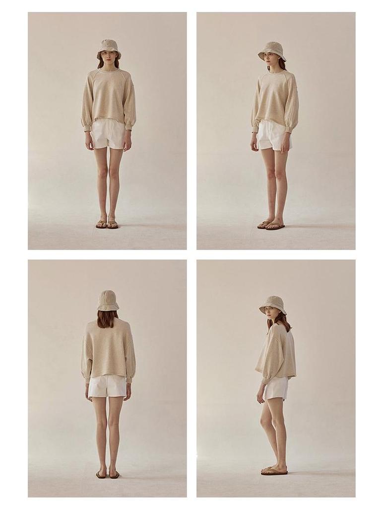 Spring 2025 French Casual Cotton Sweater - Loose Fit, Short Lantern Sleeves for Women