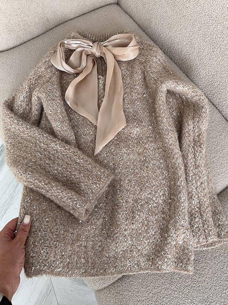 Женский яркий шелковый вязаный свитер на шнуровке с круглым вырезом, женский теплый и модный зимний пуловер с круглым вырезом 2025 L хаки