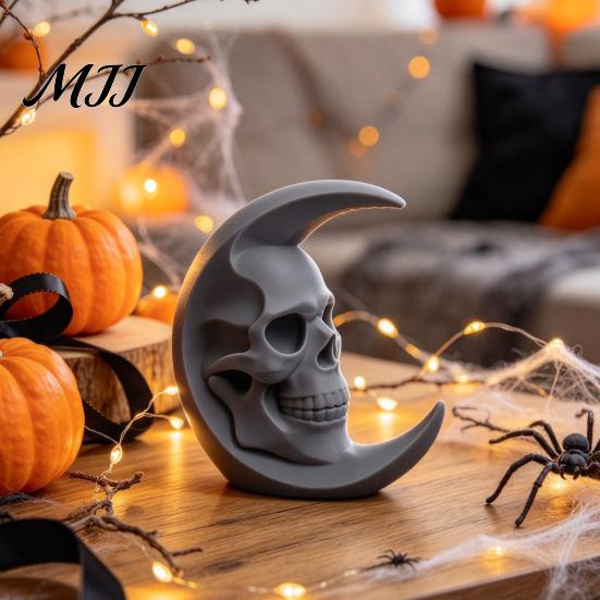 Niche Art Pieces 3D Printed Skull Moon Figurine, Gothic Crescent and Home Accessories Sculpture, Vintage Desktop Statue for Halloween Desk Bookshelf
