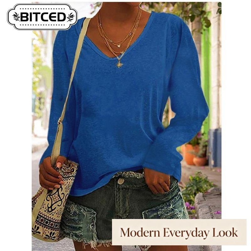 BITCED Women's Fashion Casual Solid Color Print V-Neck Long Sleeve Blouses & Shirts