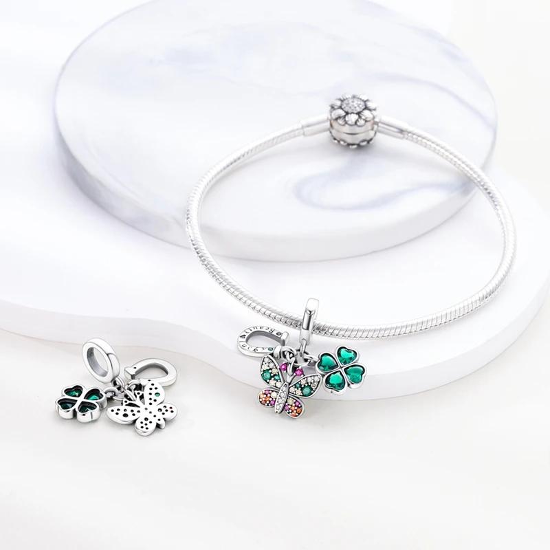 Authentic Copper Green Four-Leaf Clover Pink Design Pendant Fit Original Bracelet Jewelry Charm Bead Set Necklace Diy Female Jewelry