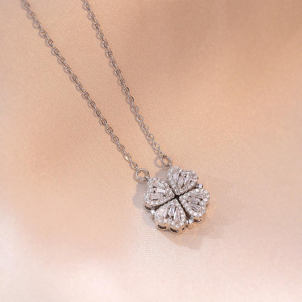 1pc Heart Shaped Four Leaf Clover Pendant Necklace Jewelry Zircon Women Love Clavicle Chain Gifts Openable ChokerJewelry