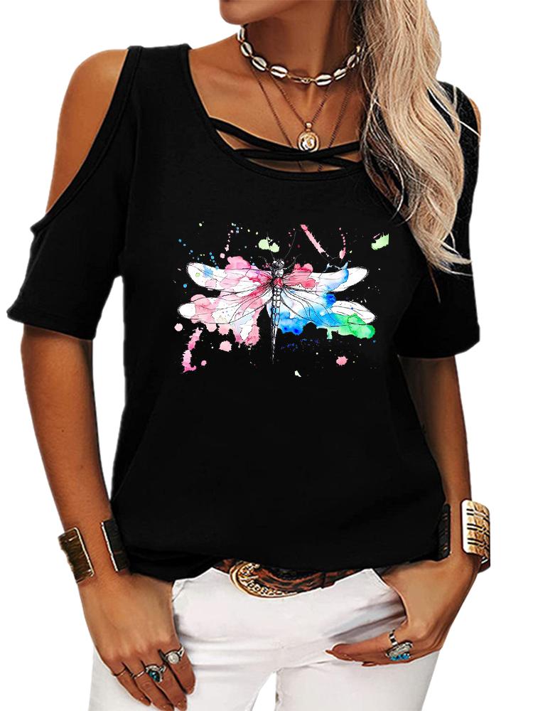 Damski Modny T-shirt z Krótkim Rękawem Casualowy Okrągły Dekolt Letnia Koszulka z Nadrukiem Top Odkryty z Ramion