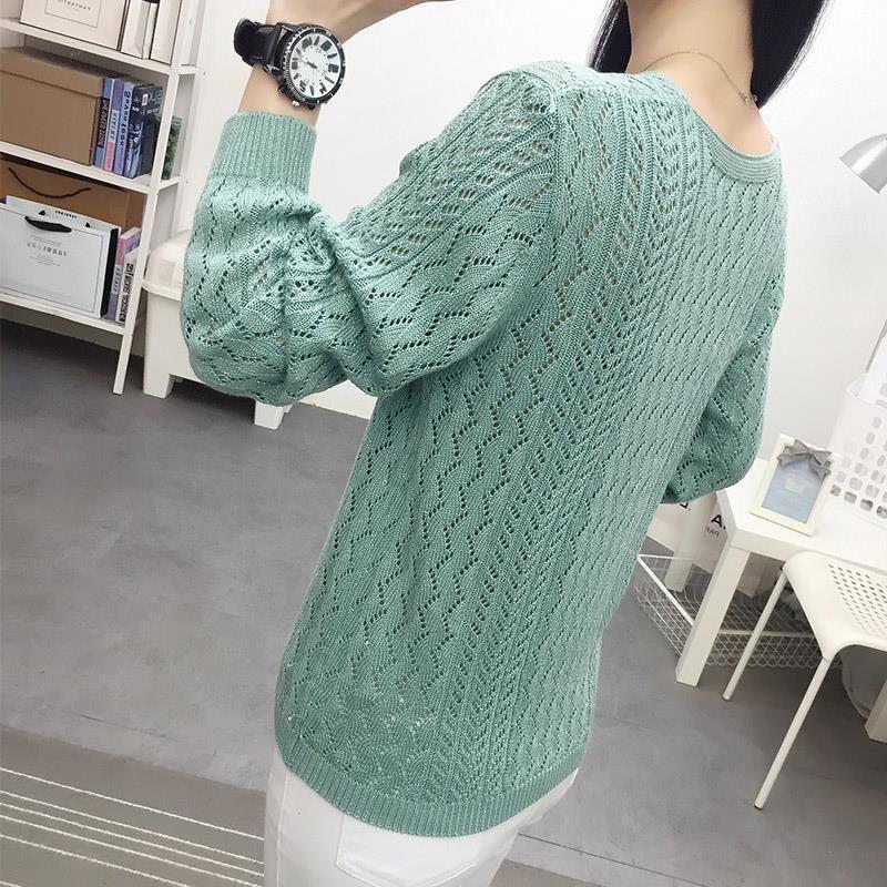 Female Spring and Autumn Long-sleeved Loose V-neck Openwork Sweater Knit Base Layer Pullover Top