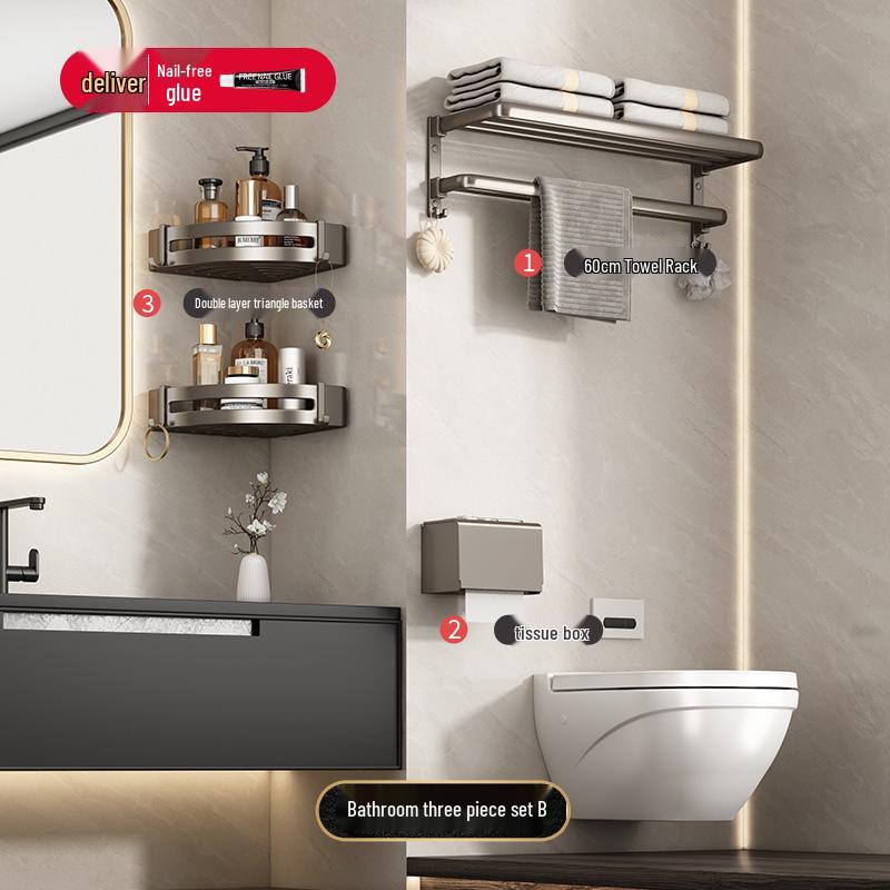 Gunmetal Gray Punch-Free Wall-Mounted Bathroom Towel and Toilet Storage Rack