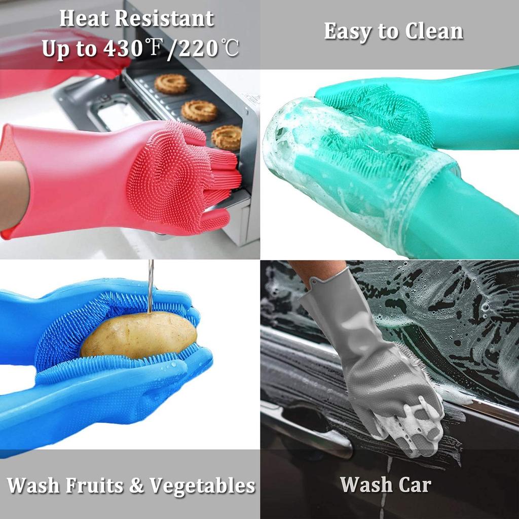 Reusable Silicone Cleaning Gloves w/ Scrubber – Heat Resistant for Kitchen, Bathroom, Car & Pet Care