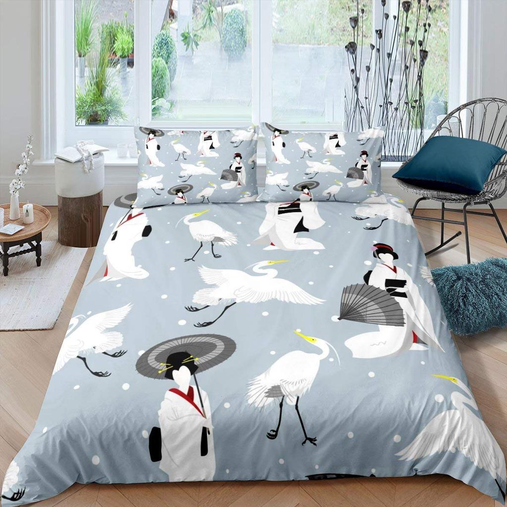 Japanese Style King Queen Duvet Cover Koi Fish Cherry Bedding Set Ukiyo-E Geisha Quilt Cover Sun Crane Polyester Comforter Cover