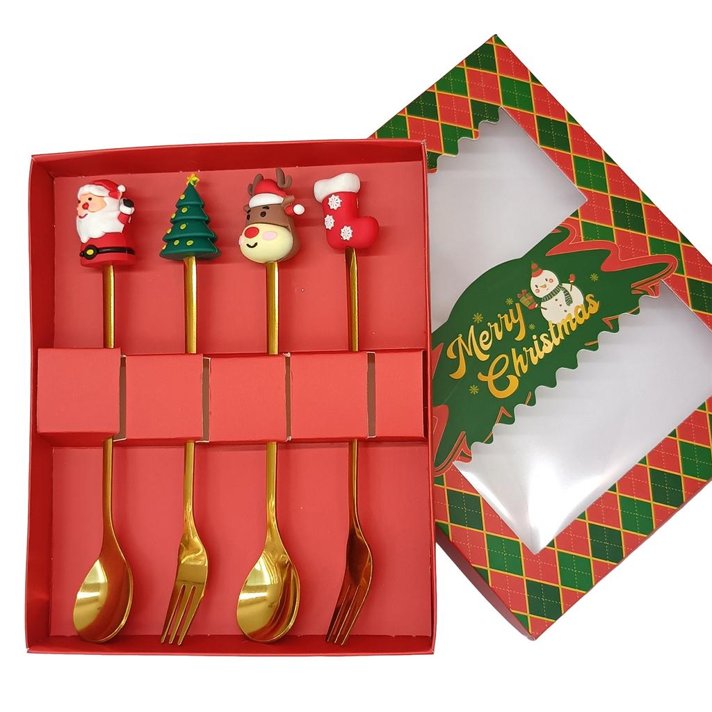 Xmas Tree Dessert Spoon Set Stainless Steel Holiday Coffee Spoon Fruit Fork Mini Cutlery Gift Christmas Present Party Favor