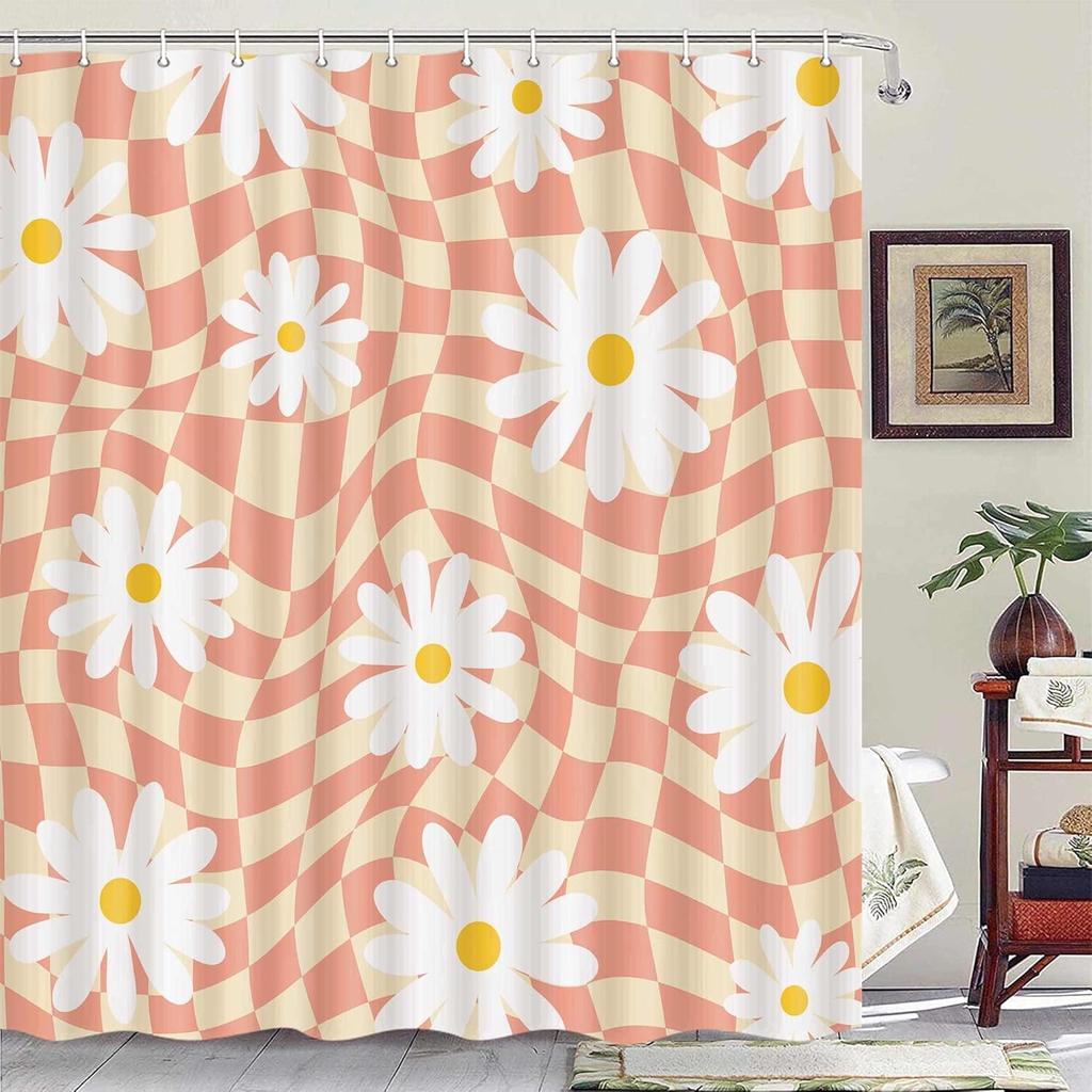 Pink Shower Curtain,Mushrooms Flower Floral Bath Curtain,Retro 70S Hippie Groovy Shower Curtains For Girls Bathroom Decor