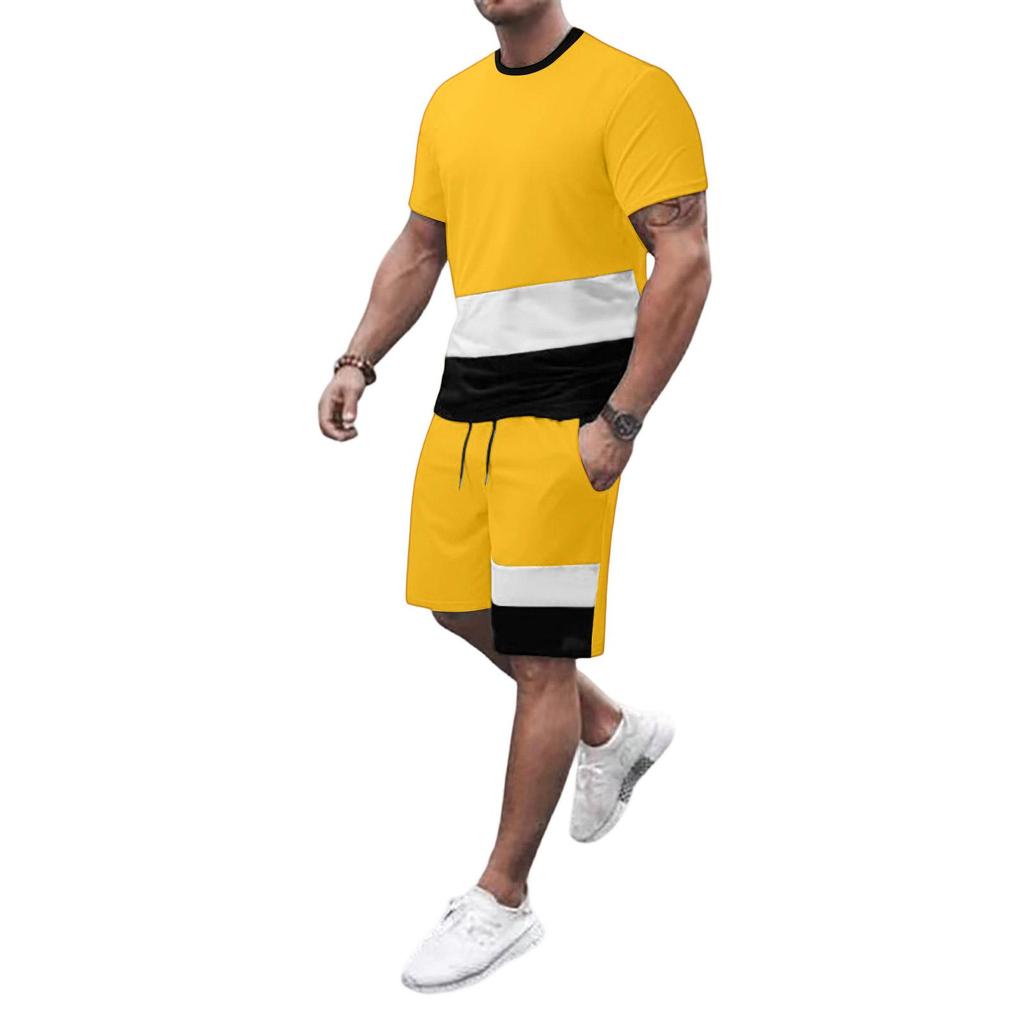 Summer new trendy men's simple 3D printing color matching short-sleeved T-shirt set men's 2-piece set