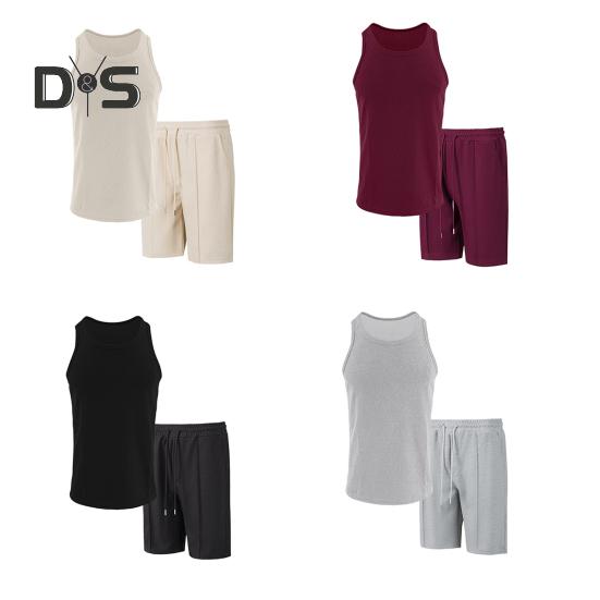 2Pcs/Set Men Sportswear Waffle Fabric Solid Color O-Neck Sleeveless Vest Elastic Waist Wide Leg Shorts Suit Casual Wear