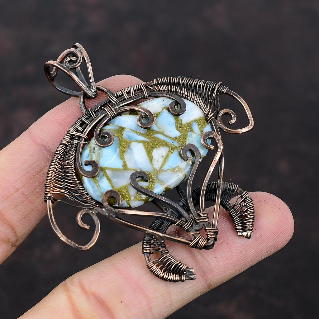 Copper Larimar Pendant Copper Wire Wrapped Pendant Handmade Copper Jewelry Tortoise Designer Pendant Wire Wrap Gemstone Jewelry Gift For Her