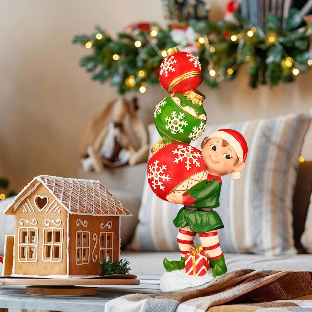 YUETJIN 12" Indoor Farbwechselnde Gestapelte Weihnachtskugel Elfenornament – Schneeflocken-Weihnachtsdekoration mit LED-Lichtern