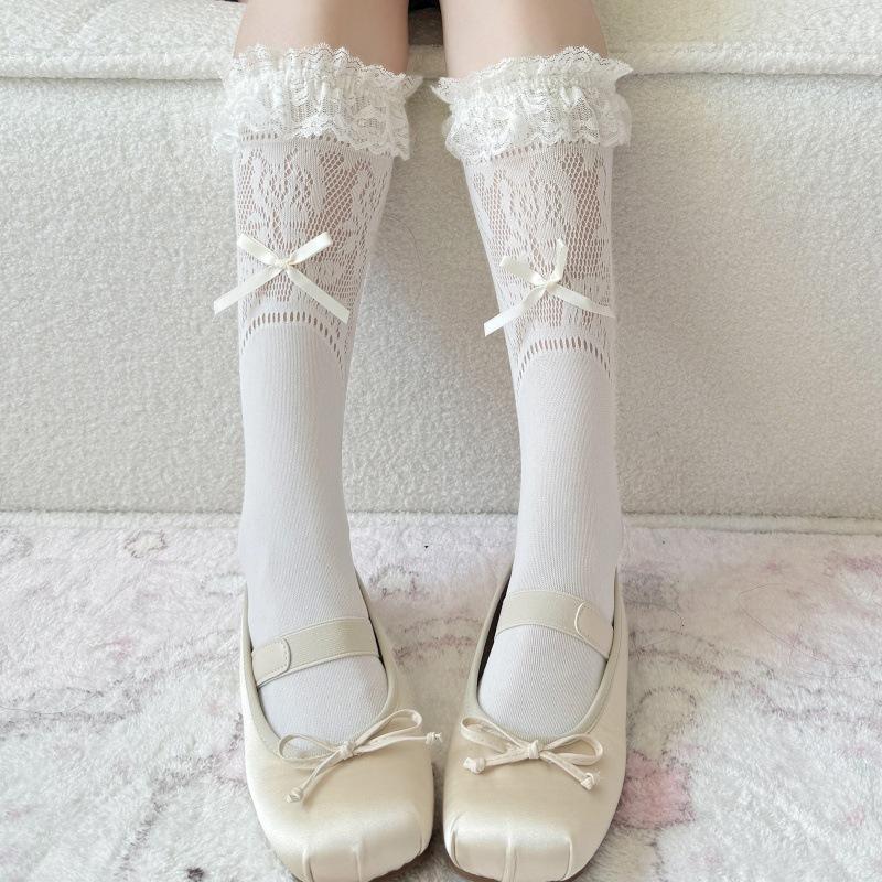 China Factory Summer Thin Lace Lolita Ballet Style Bowknot Slouch Socks Crew Cute Y2K Anti-Slip Nylon Knitted for Women