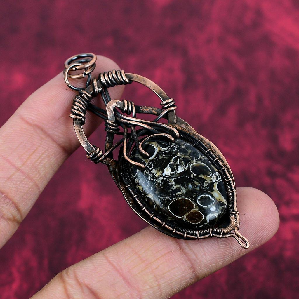Turritella Agate Pendant Copper Wire Wrapped Pendant Handmade Pendant Copper Jewelry Natural Gemstone Pendant Wire Wrapping Jewelry For Gift