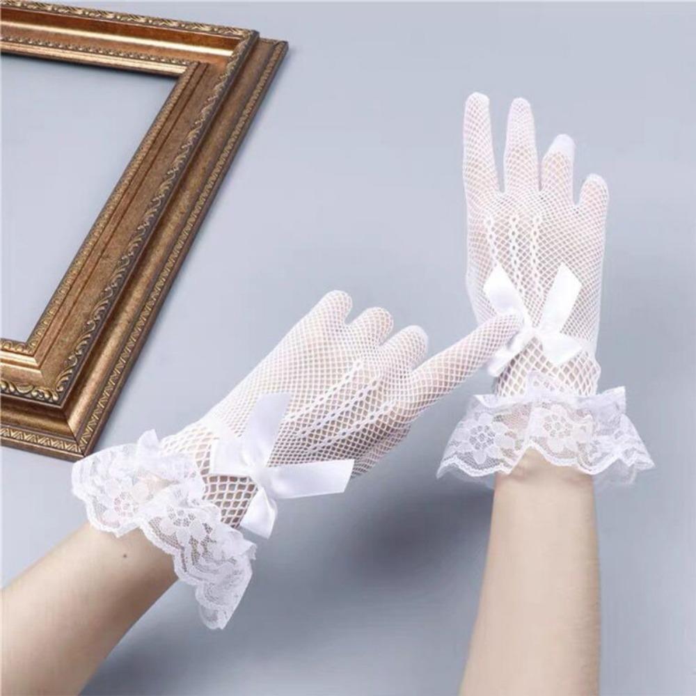 Xian Yi Lady Elastic Five-finger Fishing Net Hollow Bride Dance Bow Lace Gloves Perspective Mysterious Taste P8