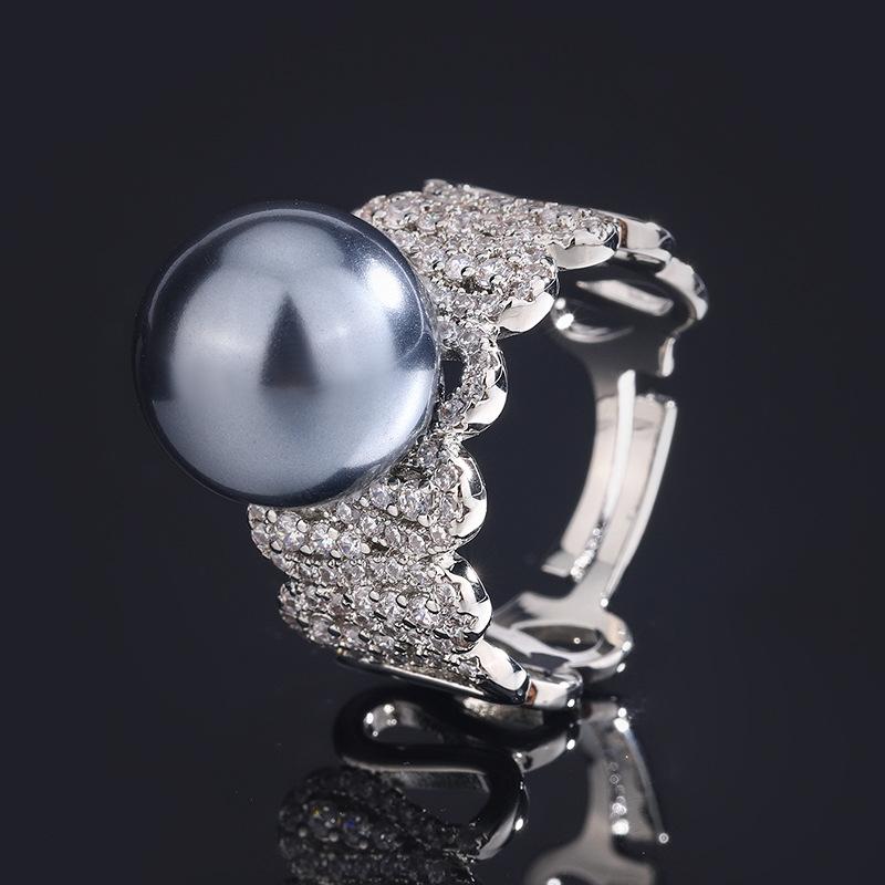 Jewelry Copper Platinum Plated Row Ring Pearl Temperament Personality Women'S Ring 12Mm