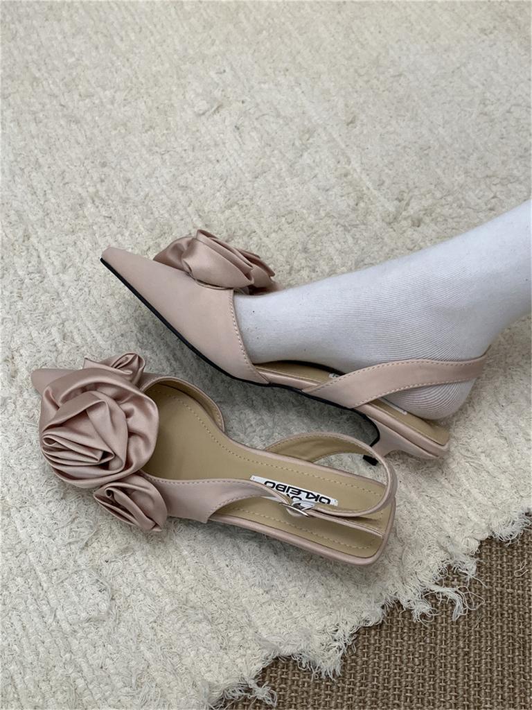 Pointed French Flower Black Baotou Sandals Fairy Shoes Evening Celebrity Single Shoes