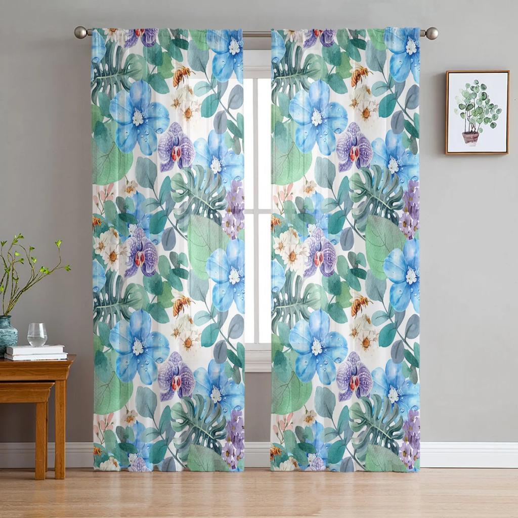 Modern Bee Azalea Retro Flower Tulle Curtains Living Room Bedroom Decoration Chiffon Voile Kitchen Window Curtain With Sheer Polyester Perfect For