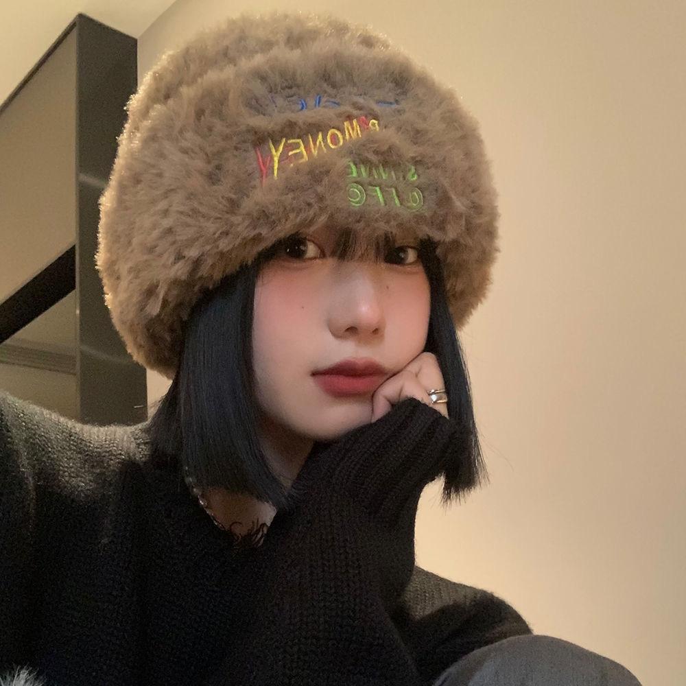 Winter bear new plush ear protection knitted hat female cute fashion versatile face small wool hat